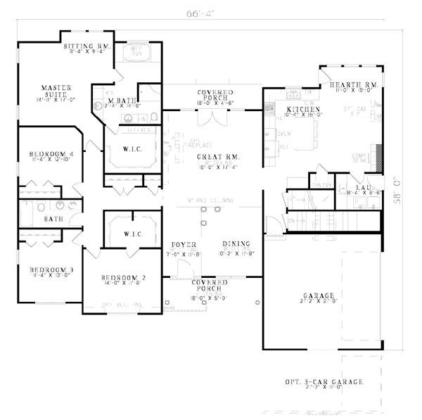 Plan 61193 | Traditional Style with 4 Bed, 2 Bath, 2 Car Garage