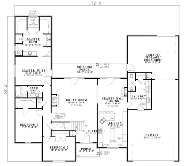 Plan 61384 | Traditional Style with 3 Bed, 3 Bath, 3 Car Garage