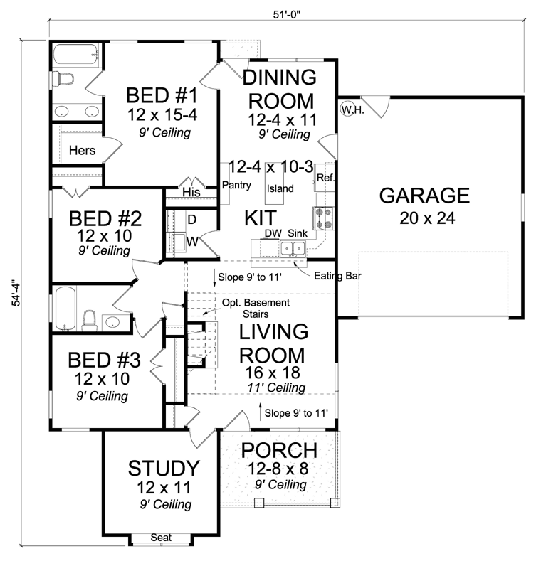 Cottage, Craftsman, Traditional House Plan 61436 with 3 Bed, 2 Bath, 2 Car Garage Level One