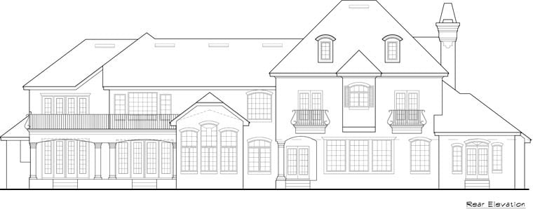 European, French Country Plan with 5268 Sq. Ft., 4 Bedrooms, 6 Bathrooms, 3 Car Garage Rear Elevation