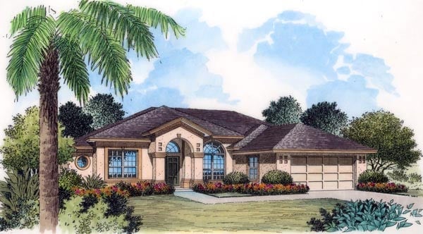French Country, Mediterranean, Southern Plan with 2672 Sq. Ft., 5 Bedrooms, 3 Bathrooms, 2 Car Garage Elevation