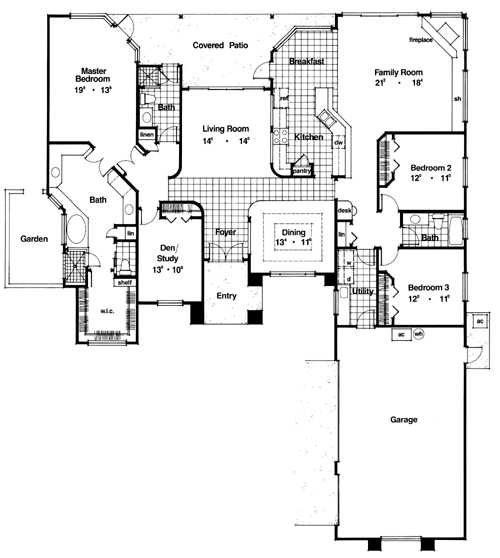 Plan 63326 | One-Story Style with 4 Bed, 3 Bath, 3 Car Garage