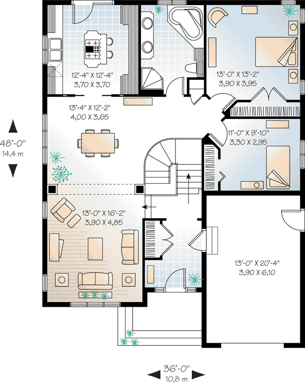 Plan 64956 | One-Story Style with 2 Bed, 1 Bath, 1 Car Garage