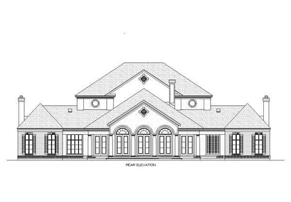 Colonial, Plantation, Southern Plan with 5474 Sq. Ft., 4 Bedrooms, 6 Bathrooms, 3 Car Garage Rear Elevation