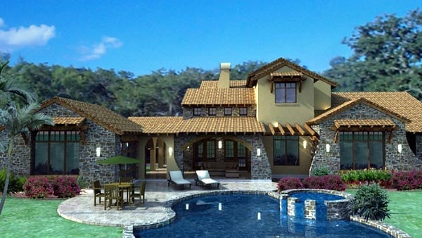 Mediterranean, Tuscan Plan with 3691 Sq. Ft., 4 Bedrooms, 4 Bathrooms, 3 Car Garage Rear Elevation