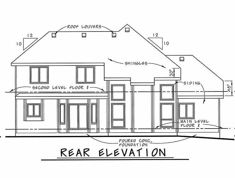 Craftsman Plan with 2196 Sq. Ft., 4 Bedrooms, 3 Bathrooms, 2 Car Garage Rear Elevation