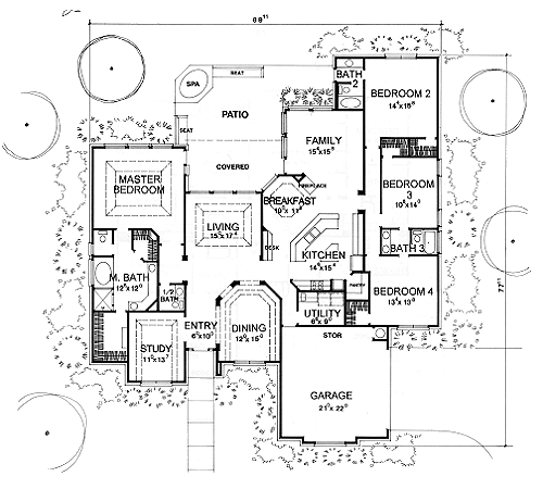 Plan 67405 | One-Story Style with 4 Bed, 4 Bath, 2 Car Garage