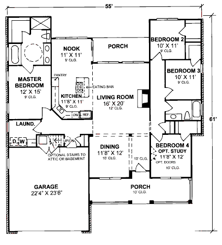 Plan 68518 | Traditional Style with 4 Bed, 2 Bath, 2 Car Garage