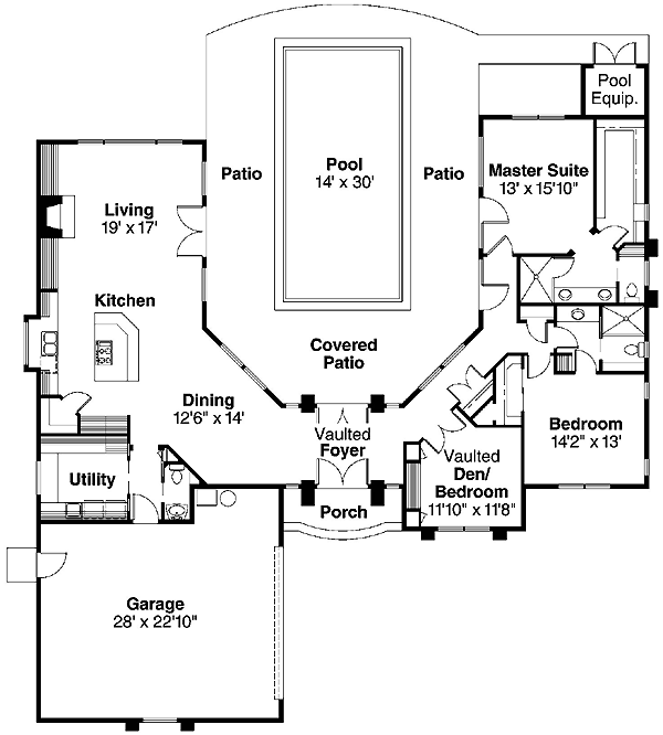 One Story House Plan 69722 With 3 Bed, U Shaped Single Story House Plans