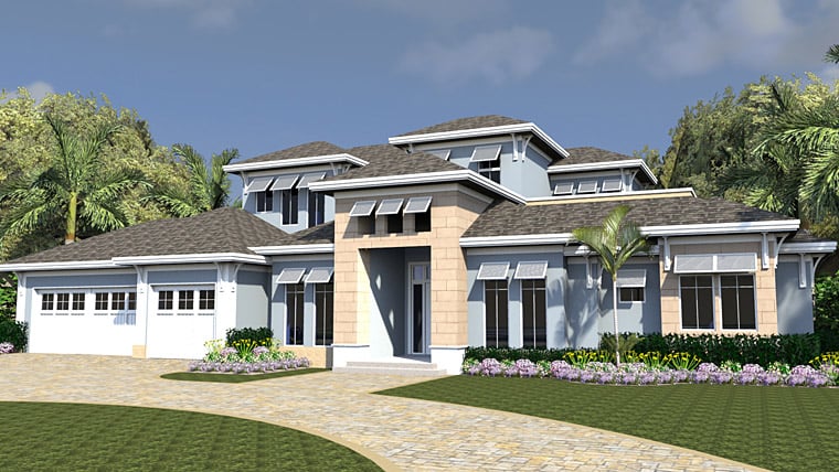 Coastal, Florida, Mediterranean Plan with 4378 Sq. Ft., 4 Bedrooms, 5 Bathrooms, 3 Car Garage Picture 2