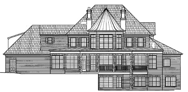 Colonial, European, Greek Revival Plan with 3912 Sq. Ft., 4 Bedrooms, 5 Bathrooms, 3 Car Garage Rear Elevation