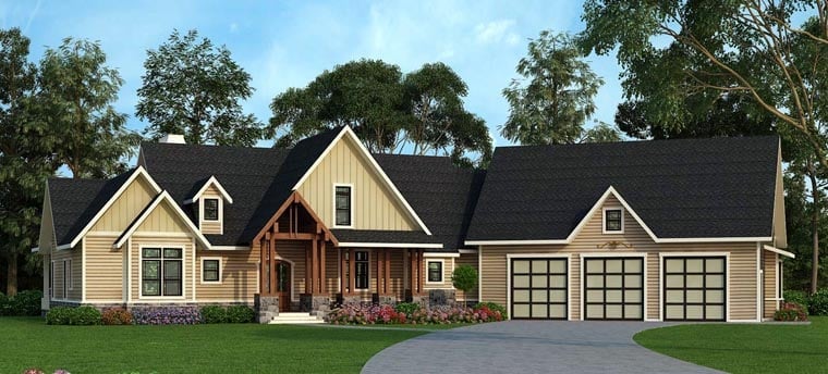 Country, Craftsman, Farmhouse, Traditional Plan with 2666 Sq. Ft., 3 Bedrooms, 3 Bathrooms, 3 Car Garage Elevation