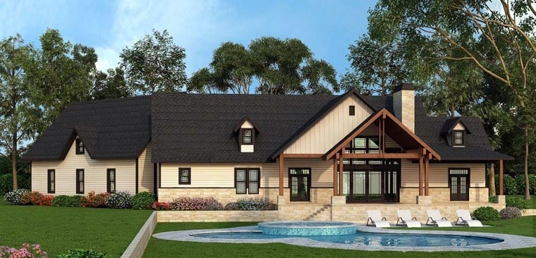 Country, Craftsman, Farmhouse, Traditional Plan with 2666 Sq. Ft., 3 Bedrooms, 3 Bathrooms, 3 Car Garage Rear Elevation