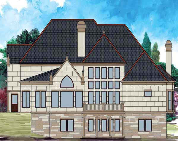 European, Greek Revival Plan with 3143 Sq. Ft., 4 Bedrooms, 3 Bathrooms, 3 Car Garage Rear Elevation