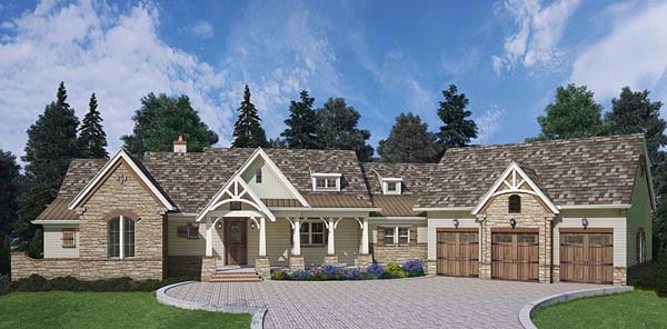 Craftsman, European, Traditional Plan with 2531 Sq. Ft., 3 Bedrooms, 4 Bathrooms, 3 Car Garage Elevation