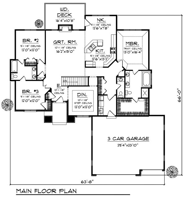 Plan 73398 | Traditional Style with 3 Bed, 3 Bath, 3 Car Garage