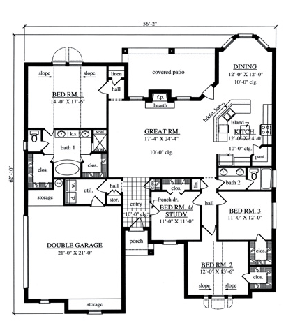 Plan 75035 | Traditional Style with 4 Bed, 2 Bath, 2 Car Garage