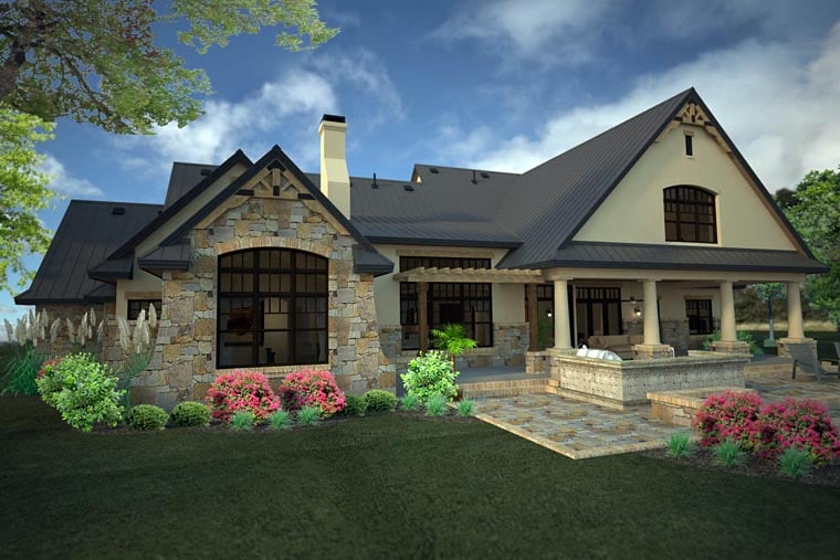 Country, Craftsman, European, Tuscan Plan with 3880 Sq. Ft., 3 Bedrooms, 3 Bathrooms, 3 Car Garage Rear Elevation