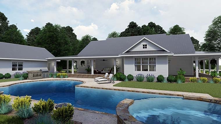Country, Farmhouse, Southern Plan with 2748 Sq. Ft., 3 Bedrooms, 2 Bathrooms, 3 Car Garage Rear Elevation