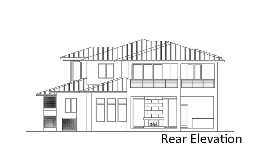 Coastal, Florida, Mediterranean, Modern, Prairie Style Plan with 5039 Sq. Ft., 4 Bedrooms, 6 Bathrooms, 3 Car Garage Rear Elevation