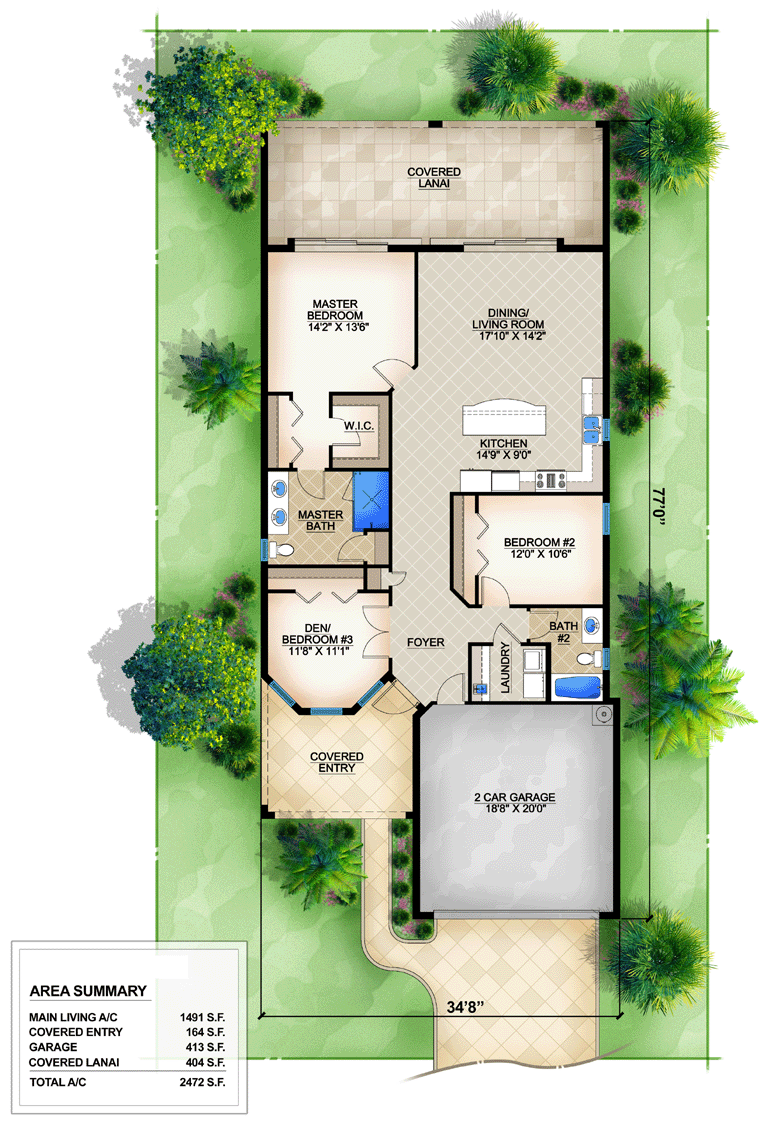 Mediterranean House Plan 78110 with 3 Bed, 2 Bath, 2 Car Garage Level One
