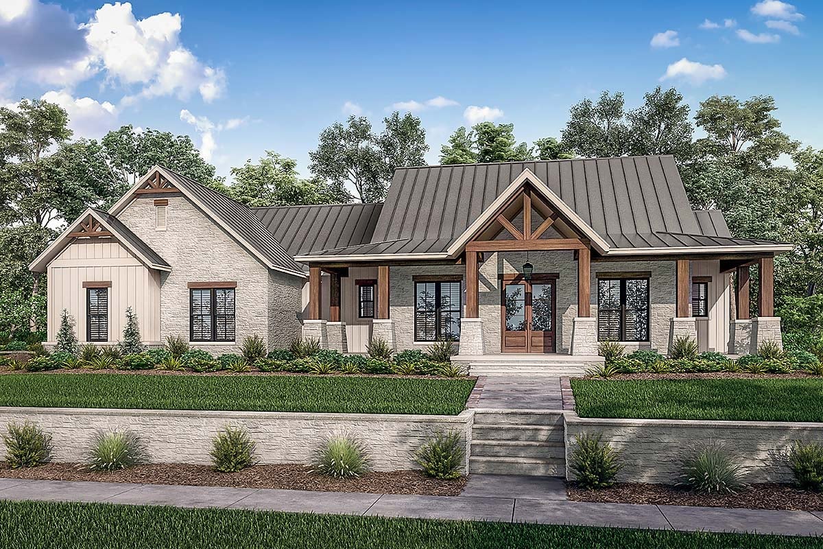 Country, Craftsman, Farmhouse, New American Style, Ranch Plan with 2454 Sq. Ft., 3 Bedrooms, 3 Bathrooms, 3 Car Garage Elevation