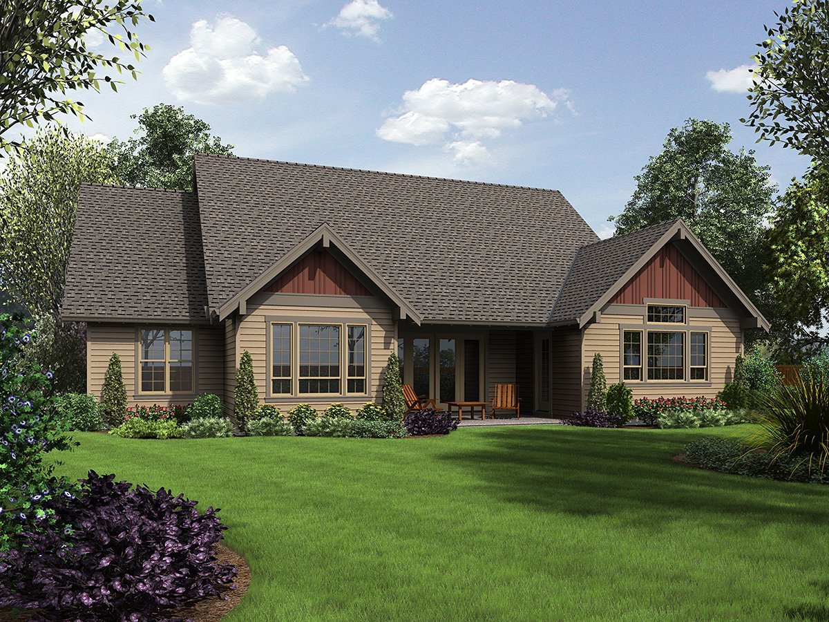 Bungalow, Craftsman, Ranch, Traditional House Plan 81273 with 3 Bed, 4 Bath, 3 Car Garage Rear Elevation