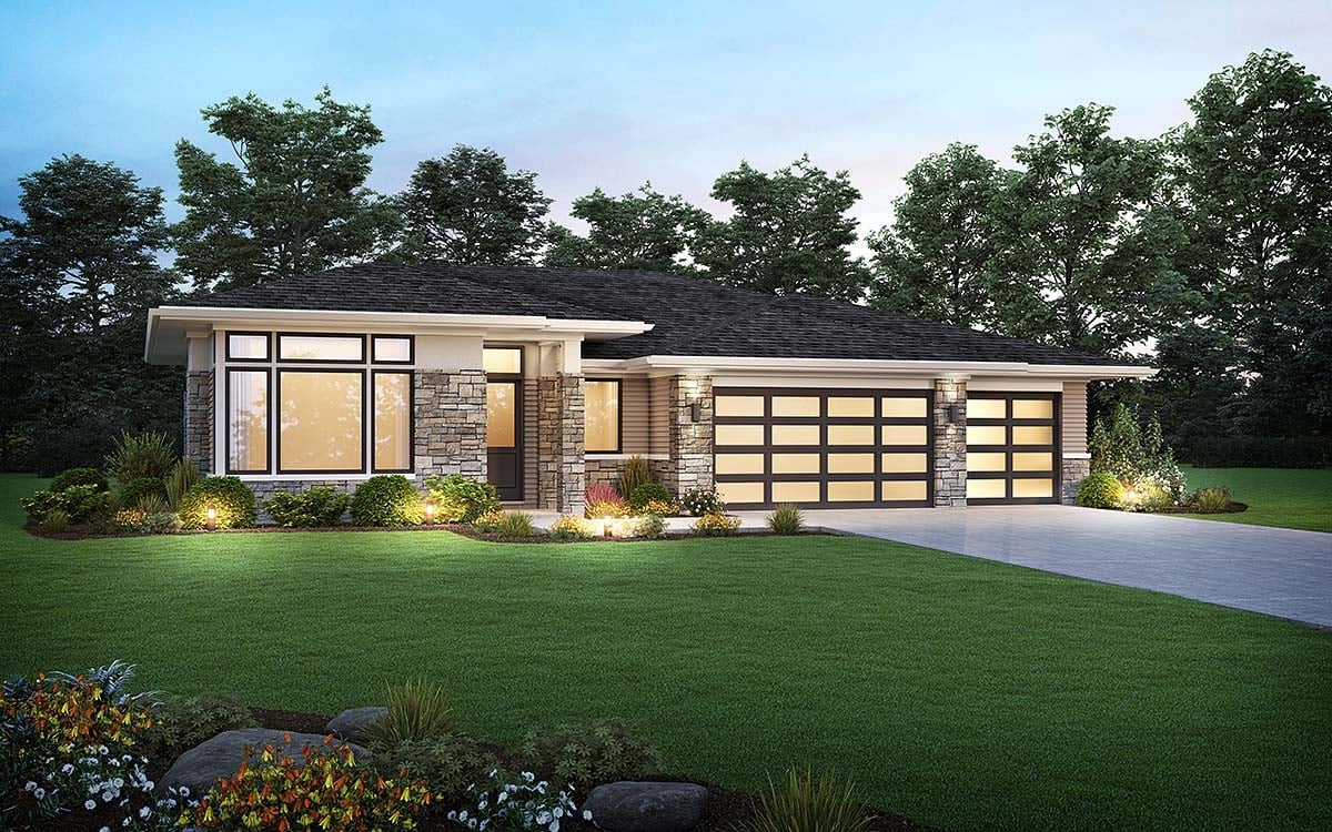 Prairie Style, Ranch Plan with 2117 Sq. Ft., 3 Bedrooms, 3 Bathrooms, 3 Car Garage Elevation