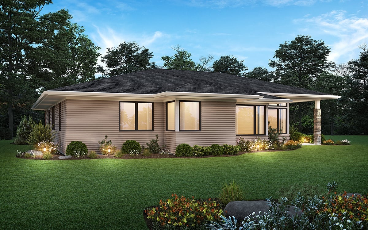 Prairie Style, Ranch Plan with 2117 Sq. Ft., 3 Bedrooms, 3 Bathrooms, 3 Car Garage Rear Elevation