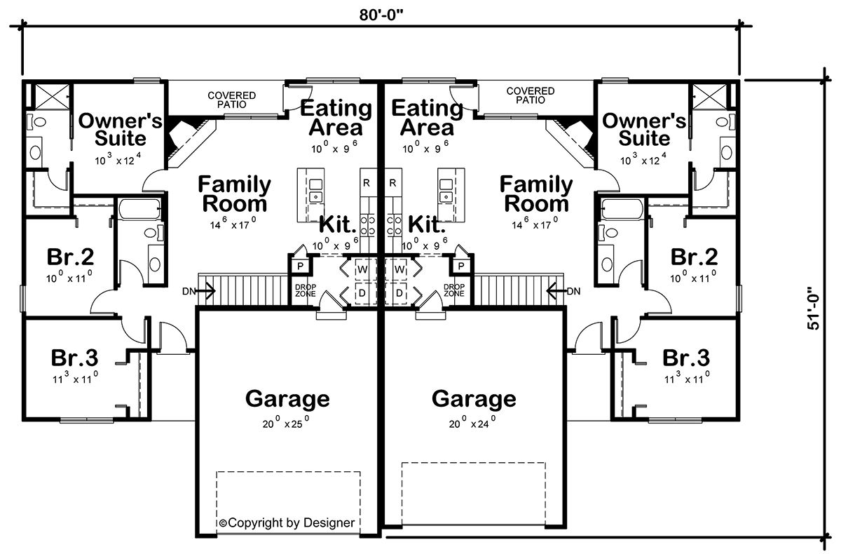 Traditional Multi-Family Plan 81403 with 3 Bed, 2 Bath, 2 Car Garage Level One
