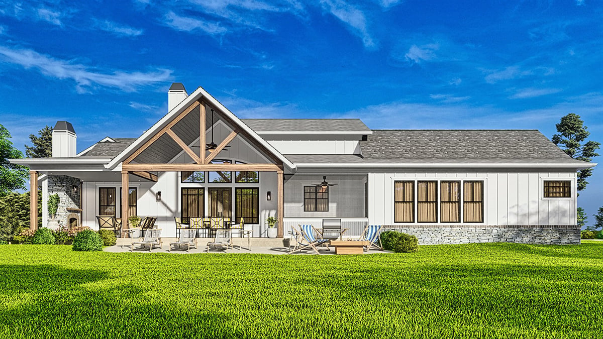 Farmhouse Plan with 2970 Sq. Ft., 4 Bedrooms, 4 Bathrooms, 2 Car Garage Rear Elevation
