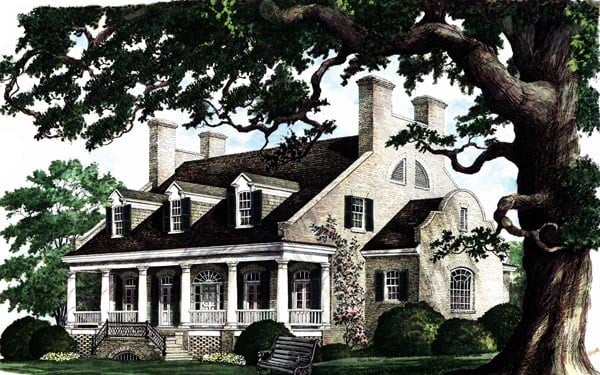 Colonial, Plantation, Southern Plan with 4554 Sq. Ft., 4 Bedrooms, 5 Bathrooms, 2 Car Garage Elevation