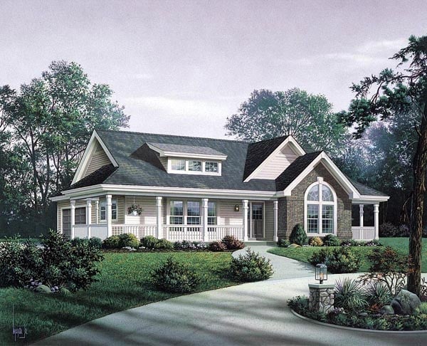 Bungalow, Country, Craftsman, Ranch Plan with 1591 Sq. Ft., 3 Bedrooms, 2 Bathrooms, 2 Car Garage Elevation