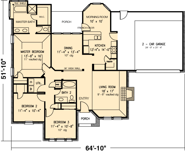 Plan 90394 | Traditional Style with 3 Bed, 2 Bath, 2 Car Garage