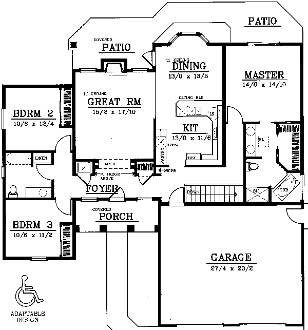 Plan 91814 | One-Story Style with 3 Bed, 2 Bath, 2 Car Garage