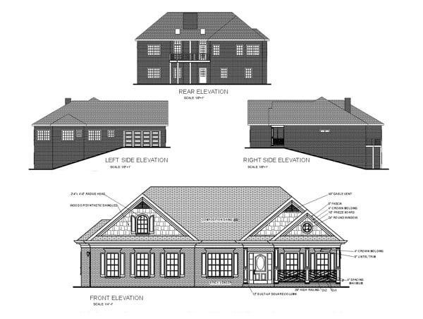 Colonial, Craftsman, One-Story, Ranch Plan with 1787 Sq. Ft., 3 Bedrooms, 2 Bathrooms, 2 Car Garage Rear Elevation