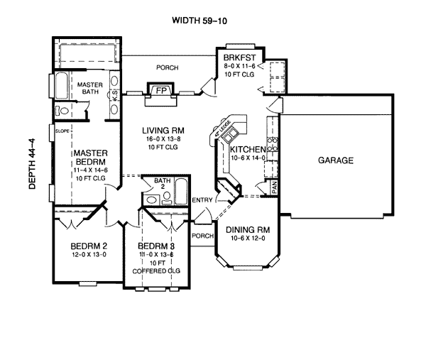 Plan 93027 | Traditional Style with 3 Bed, 2 Bath, 2 Car Garage