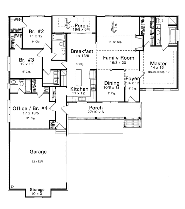 One-Story, Ranch House Plan 93441 with 4 Bed, 3 Bath, 2 Car Garage Level One