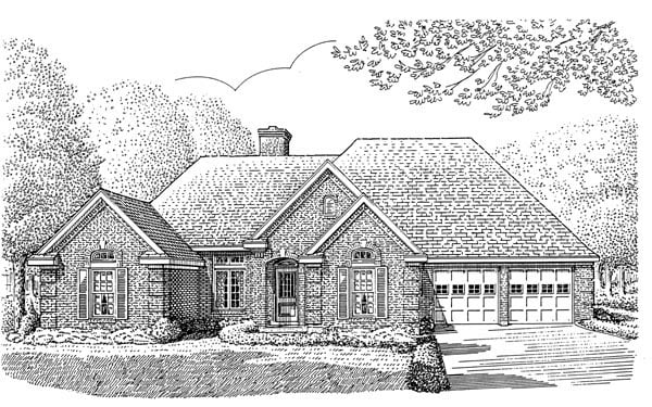 European, One-Story Plan with 1923 Sq. Ft., 3 Bedrooms, 2 Bathrooms, 2 Car Garage Elevation