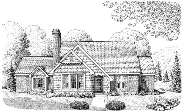 Cottage, Craftsman, One-Story Plan with 1667 Sq. Ft., 3 Bedrooms, 2 Bathrooms, 2 Car Garage Elevation