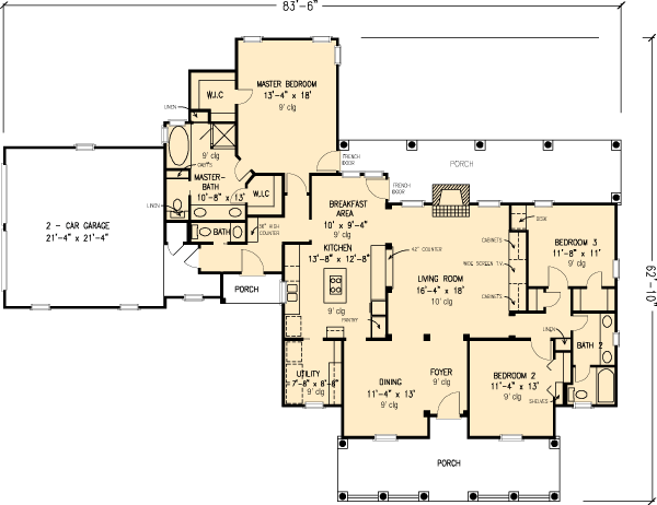 Plan 95637 | Southern Style with 3 Bed, 3 Bath, 2 Car Garage