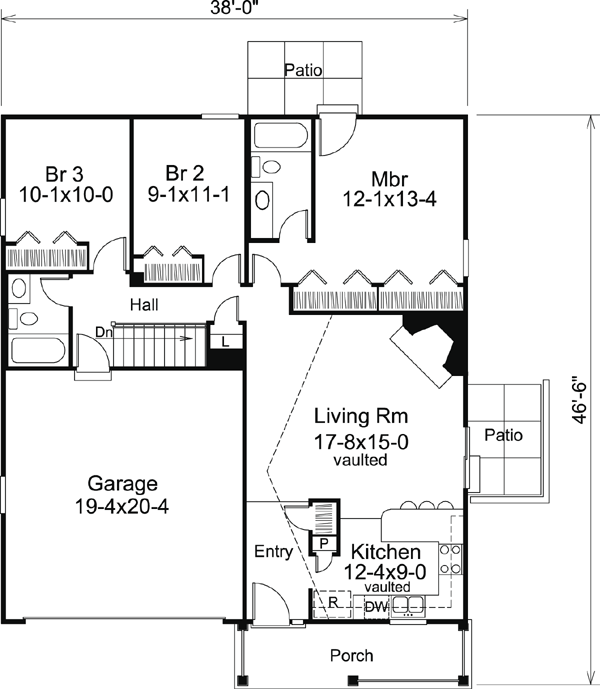 Plan 95818 Traditional Style with 3 Bed, 2 Bath, 2 Car Garage
