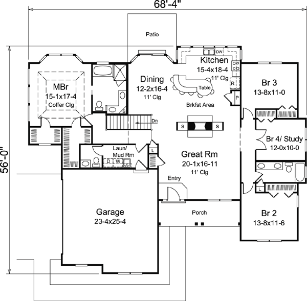 Plan 95895 | Southern Style with 4 Bed, 3 Bath, 2 Car Garage