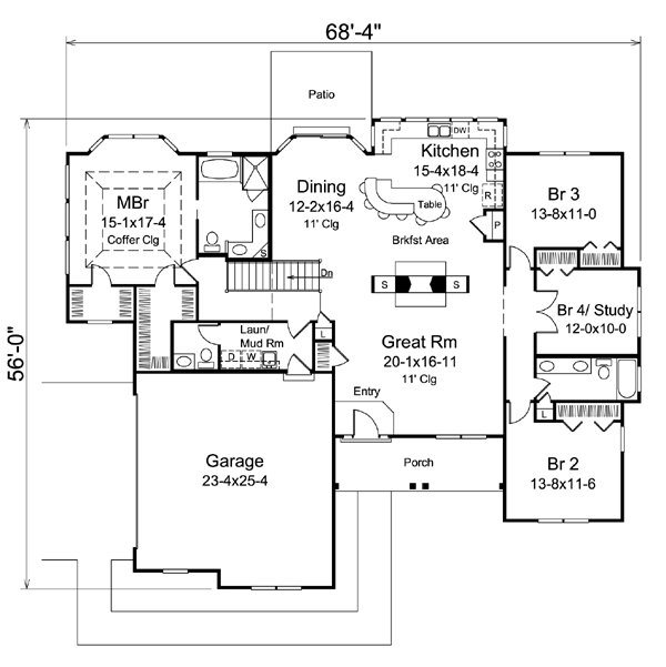 Plan 95900 | Traditional Style with 4 Bed, 3 Bath, 2 Car Garage