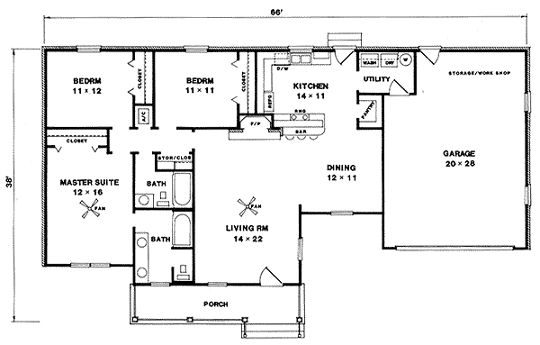 Plan 96571 | One-Story Style with 3 Bed, 2 Bath, 2 Car Garage