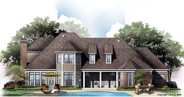 European, Tudor Plan with 3667 Sq. Ft., 4 Bedrooms, 4 Bathrooms, 3 Car Garage Rear Elevation