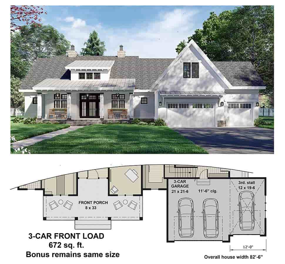 Plan 41911 | Country Style with 3 Bed, 3 Bath, 2 Car Garage