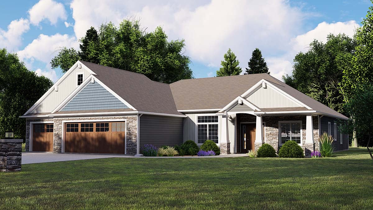 Bungalow, Country, Craftsman, Traditional House Plan 51819 with 3 Bed, 3 Bath, 3 Car Garage Elevation