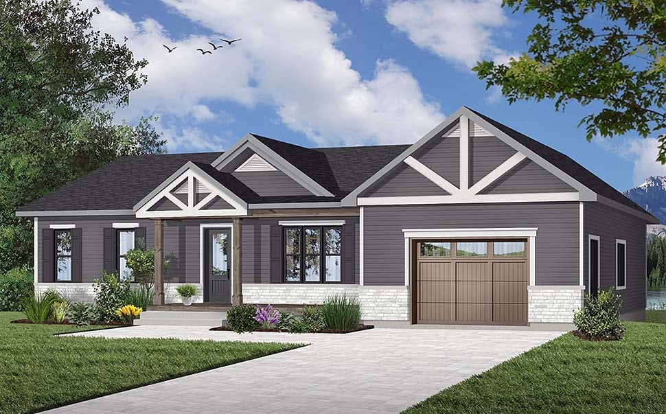 Plan 76467 | Modern Rustic Bungalow with large one-car garage.