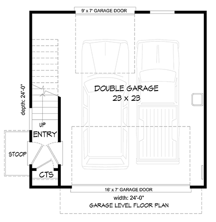 Country, Traditional 2 Car Garage Apartment Plan 40899 with 2 Bed, 1 Bath First Level Plan